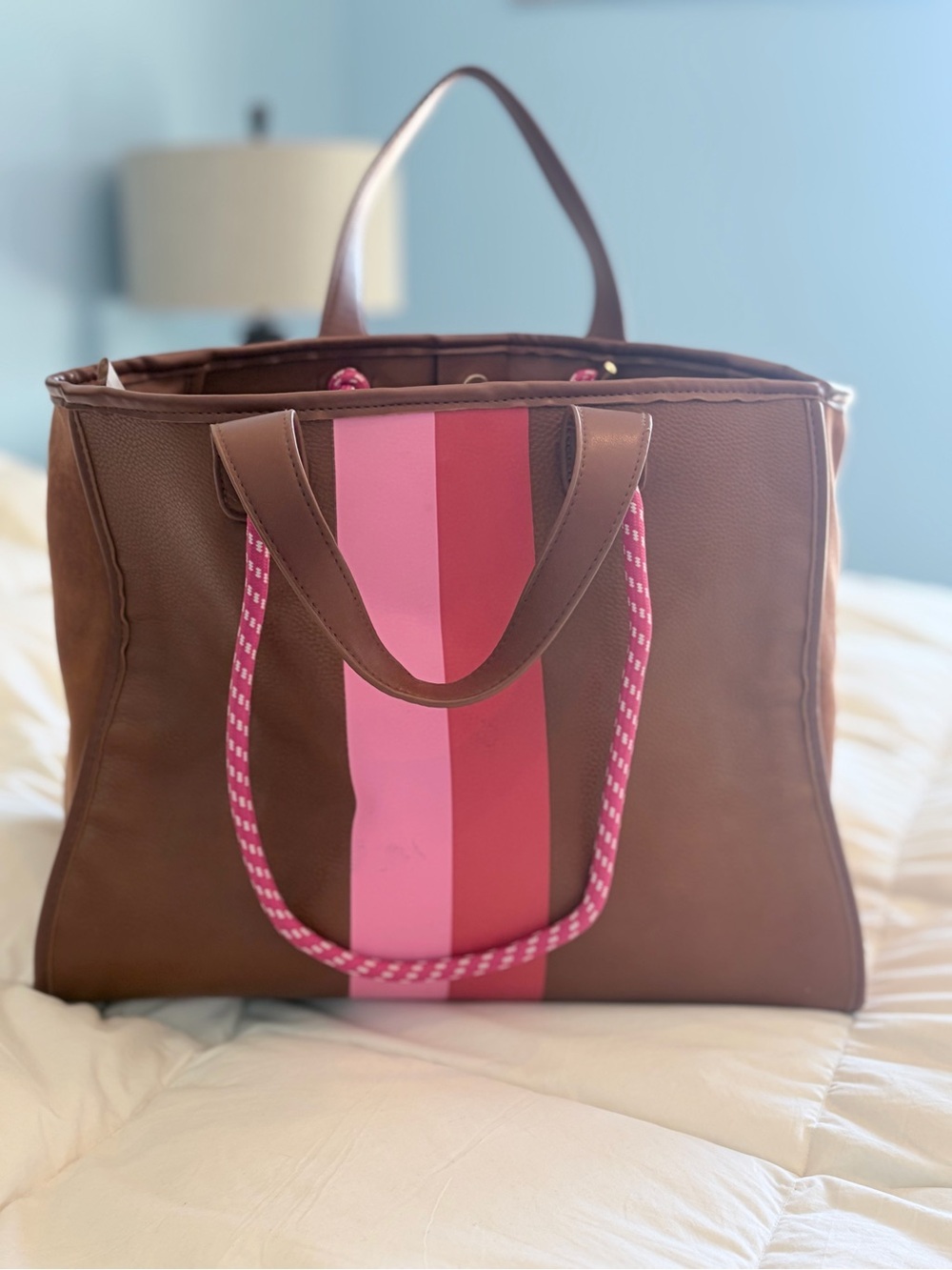 Shiraleah Brown Tote with Pink Center Stripe and Pink Rope Handles